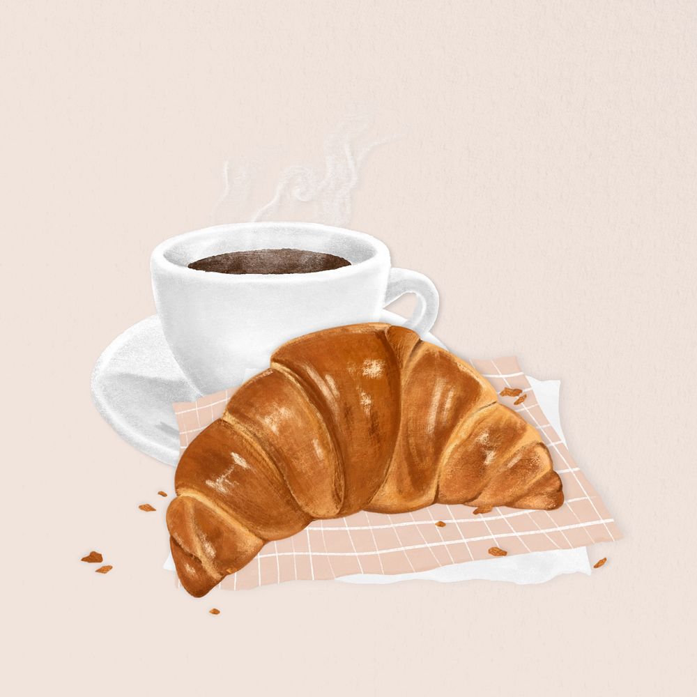 Croissant & coffee, breakfast food illustration, editable design