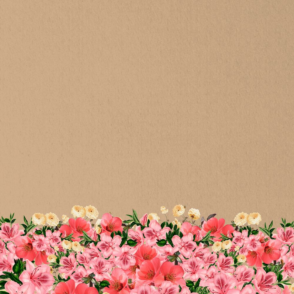 Brown azalea flowers background, pink botanical border, editable design