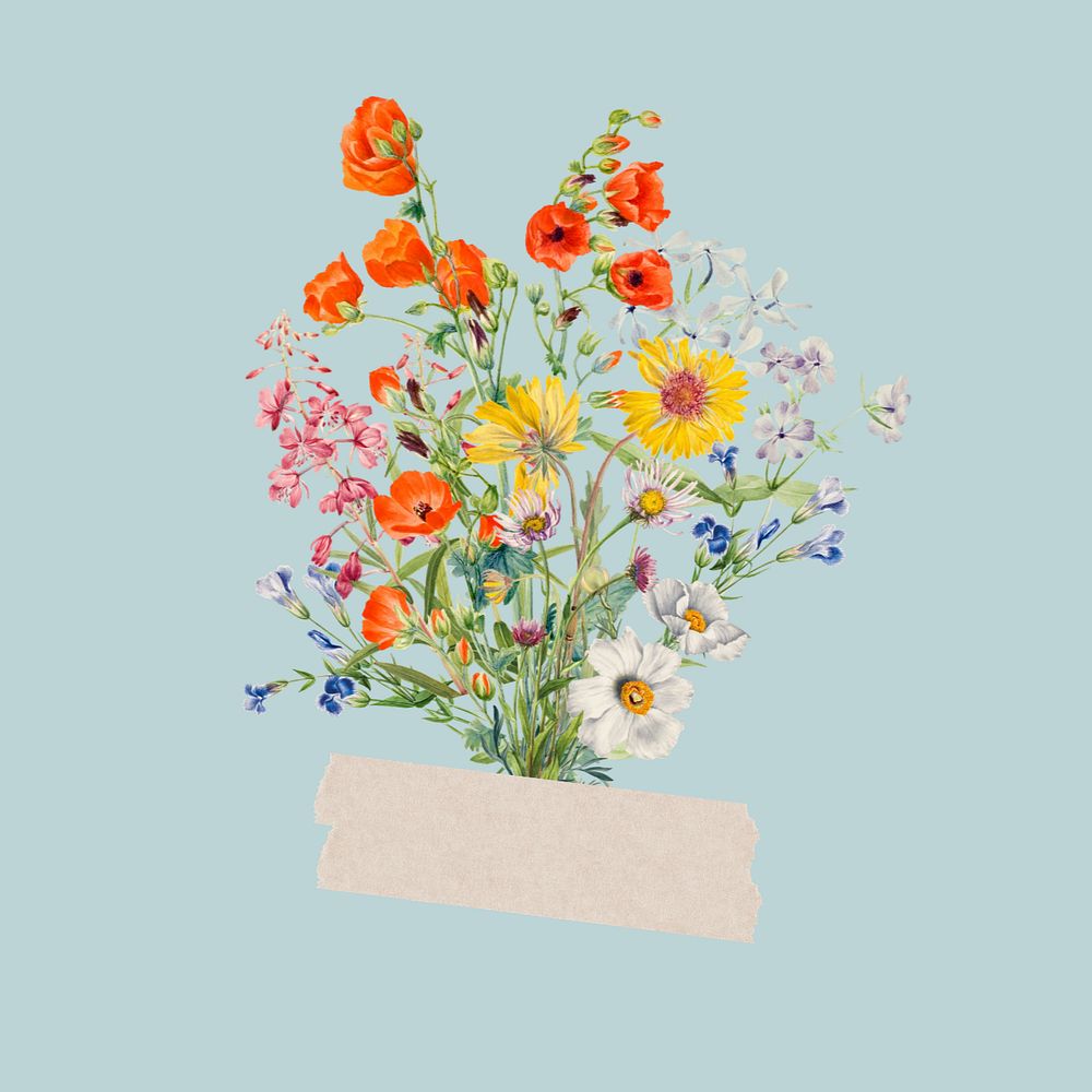 Spring flower bouquet washi tape, journal collage element, editable design