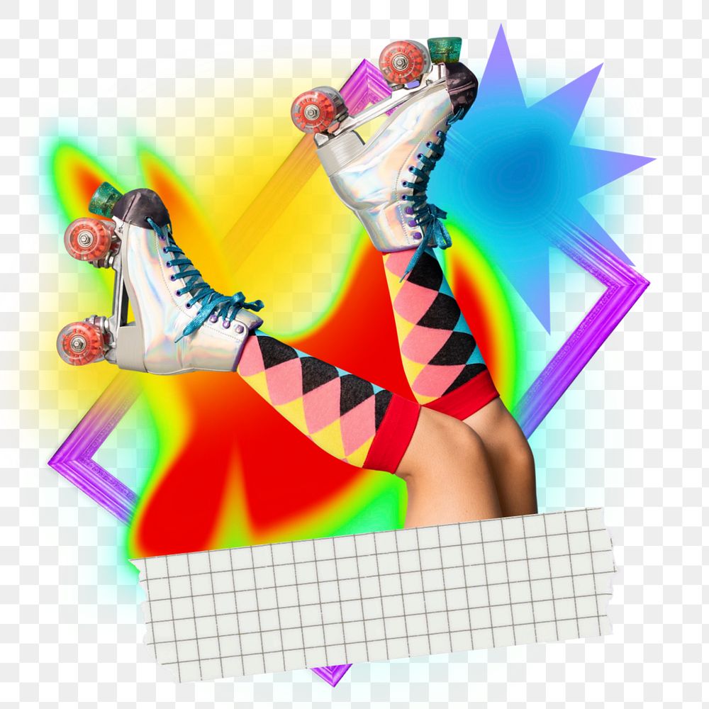 Roller skate png element, colorful gradient shape tape, editable design