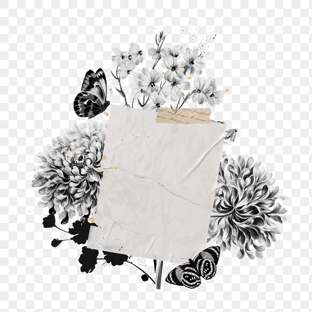 Note paper png frame, flower bouquet collage, editable design