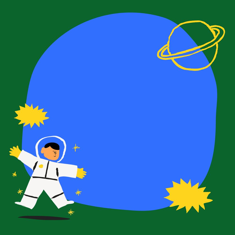 Cute astronaut frame background, blue and green design, editable instagram post