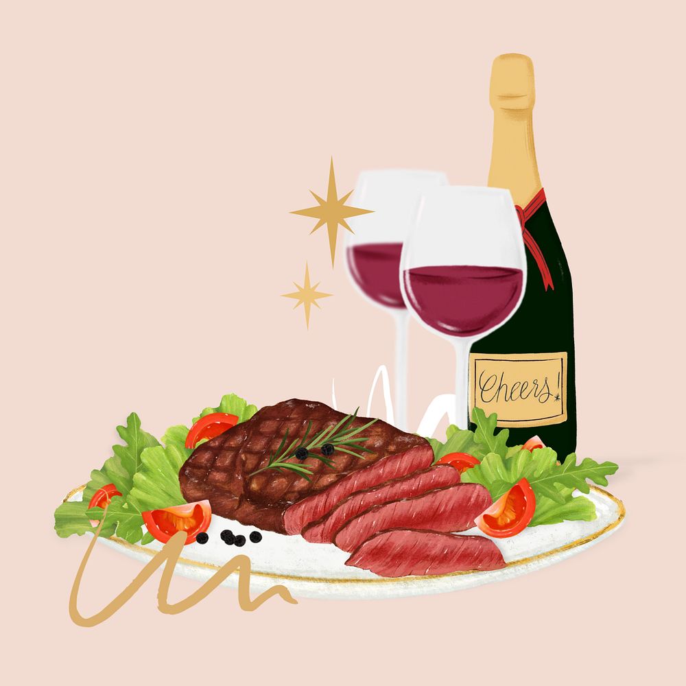 Steak and red wine, delicious dinner illustration, editable design