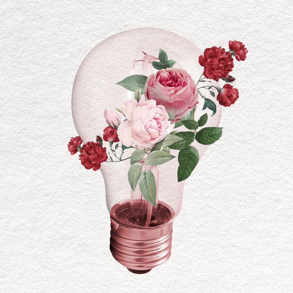 Roses growing in light bulb, surreal collage art, editable design