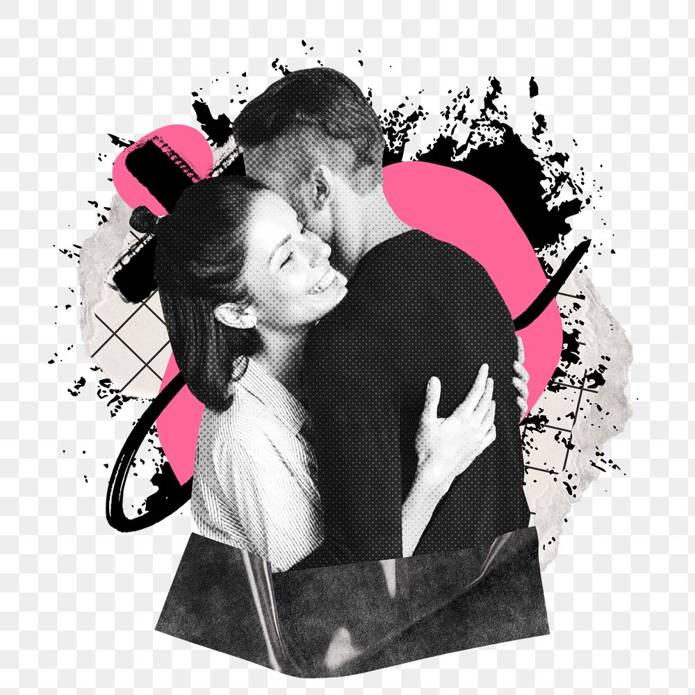 Couple hugging png element, urban street, editable design