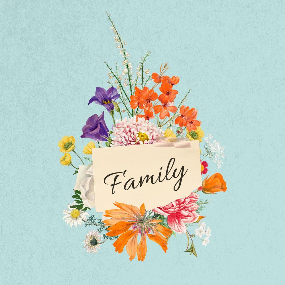 Family word, aesthetic flower bouquet collage art, editable design