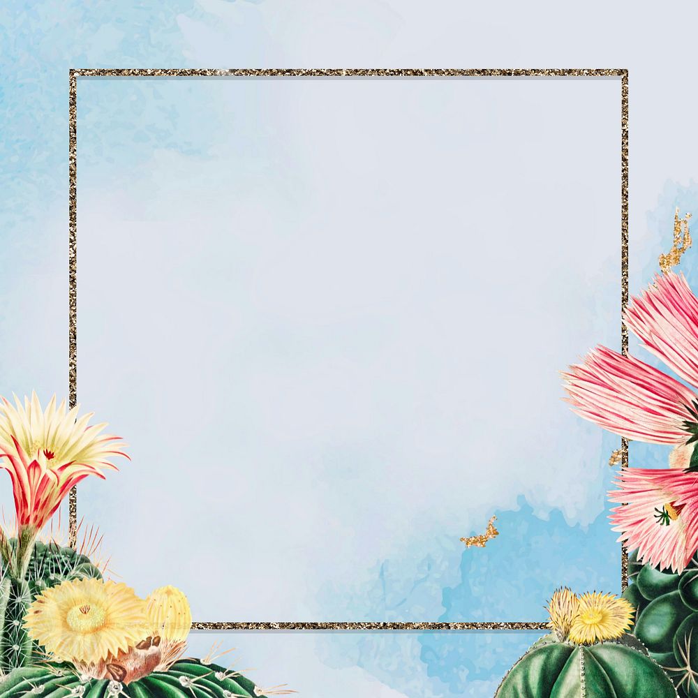 Blue cactus illustration border frame, editable botanical design