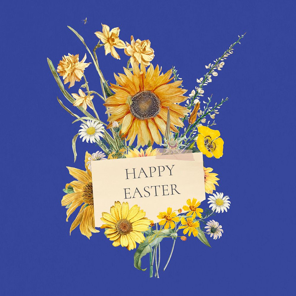 Happy Easter greeting, aesthetic flower bouquet collage art, editable design