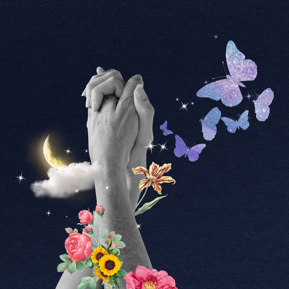 Couple holding hands, surreal flower remix, editable design