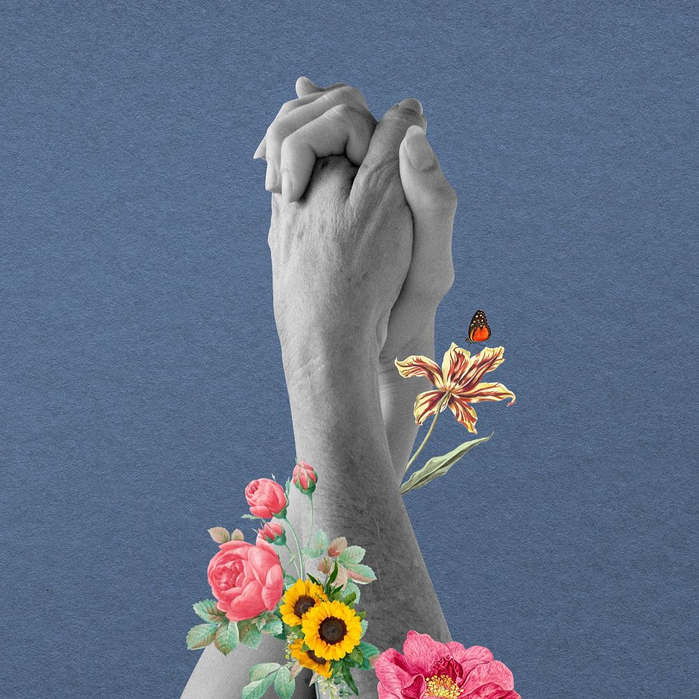 Couple holding hands, surreal flower remix, editable design