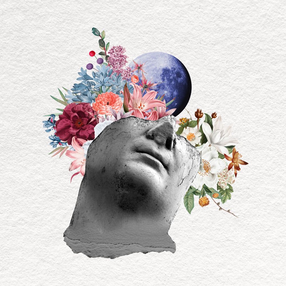 Floral head statue, surreal mental health remix, editable design