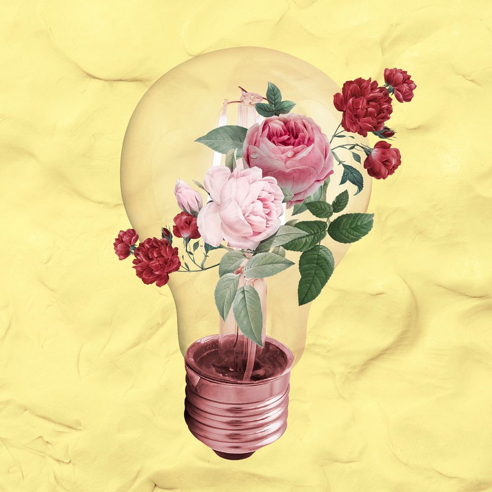 Roses growing in light bulb, surreal collage art, editable design