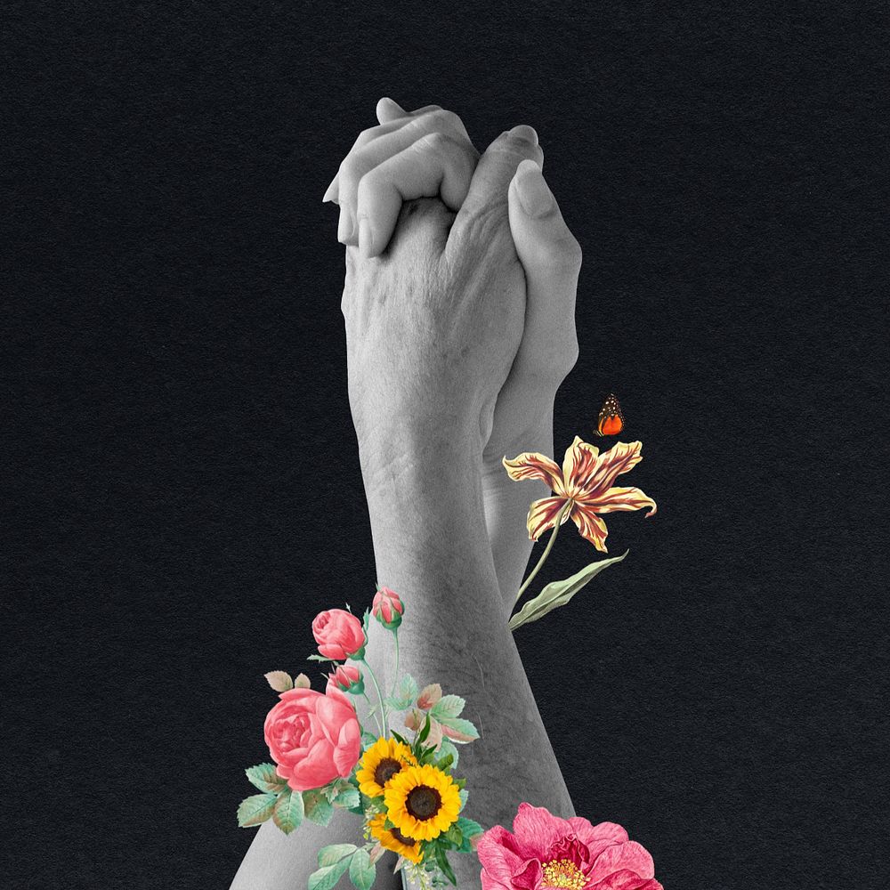 Couple holding hands, surreal flower remix, editable design