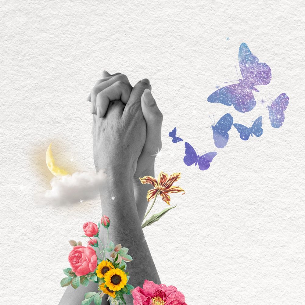 Couple holding hands, surreal flower remix, editable design