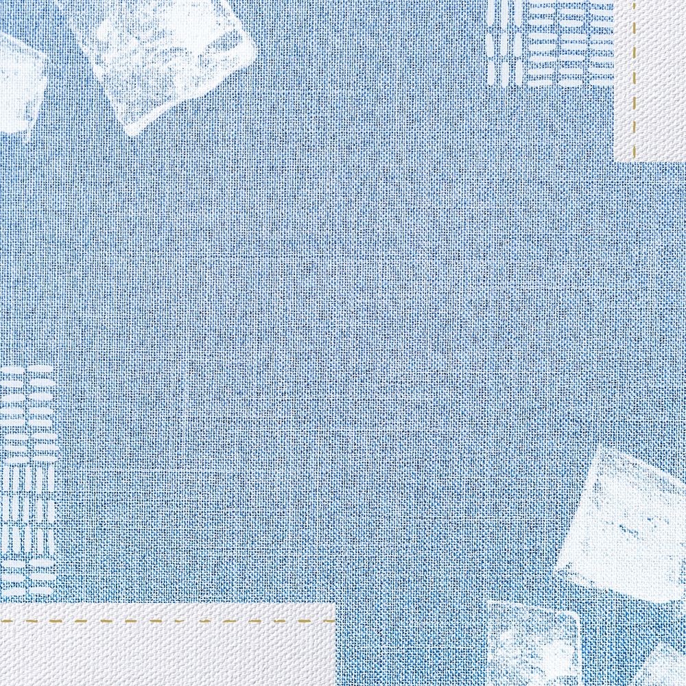 Blue fabric textured background, block prints border, editable design