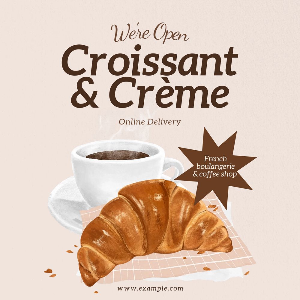 Croissant & bakery Instagram post template, editable text