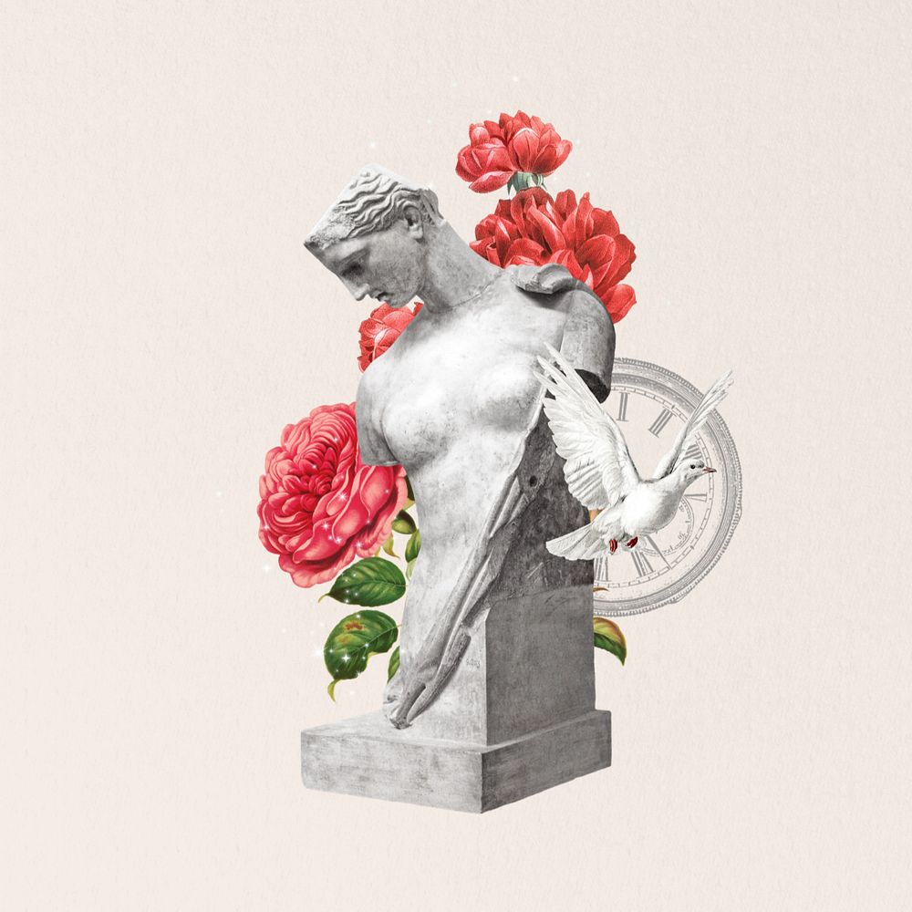 Greek Goddess statue, editable flower collage. Remixed by rawpixel.