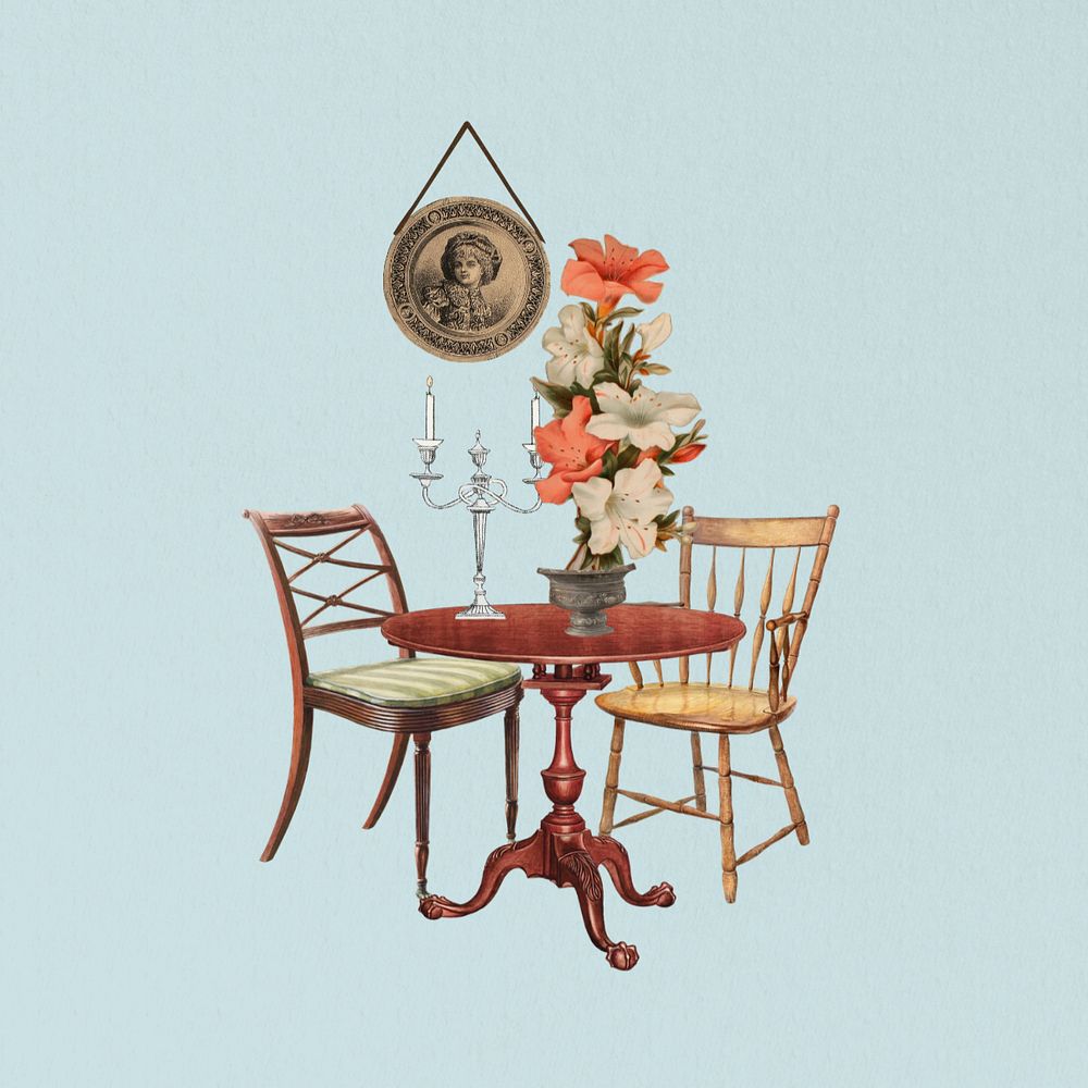 Victorian furniture, editable chair and table collage. Remixed by rawpixel.