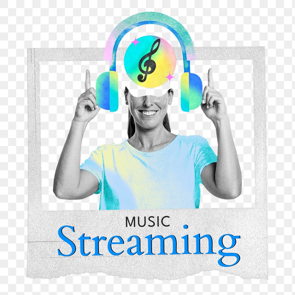 Music steaming word png element, editable woman with headphones collage remix