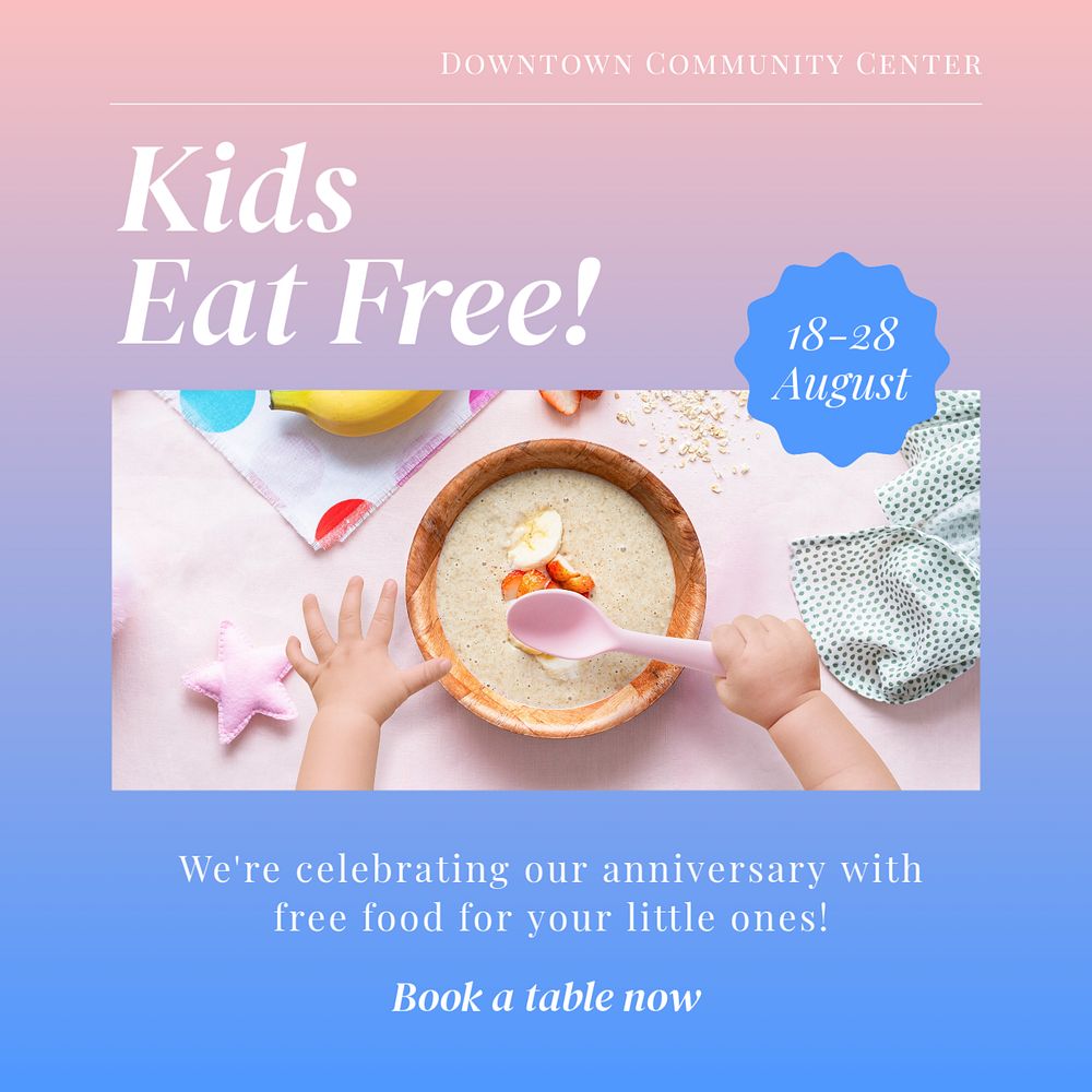 Kids eat free Instagram post template, editable text