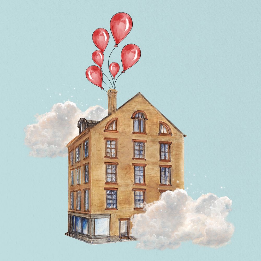 Floating building, editable vintage balloons. Remixed by rawpixel.