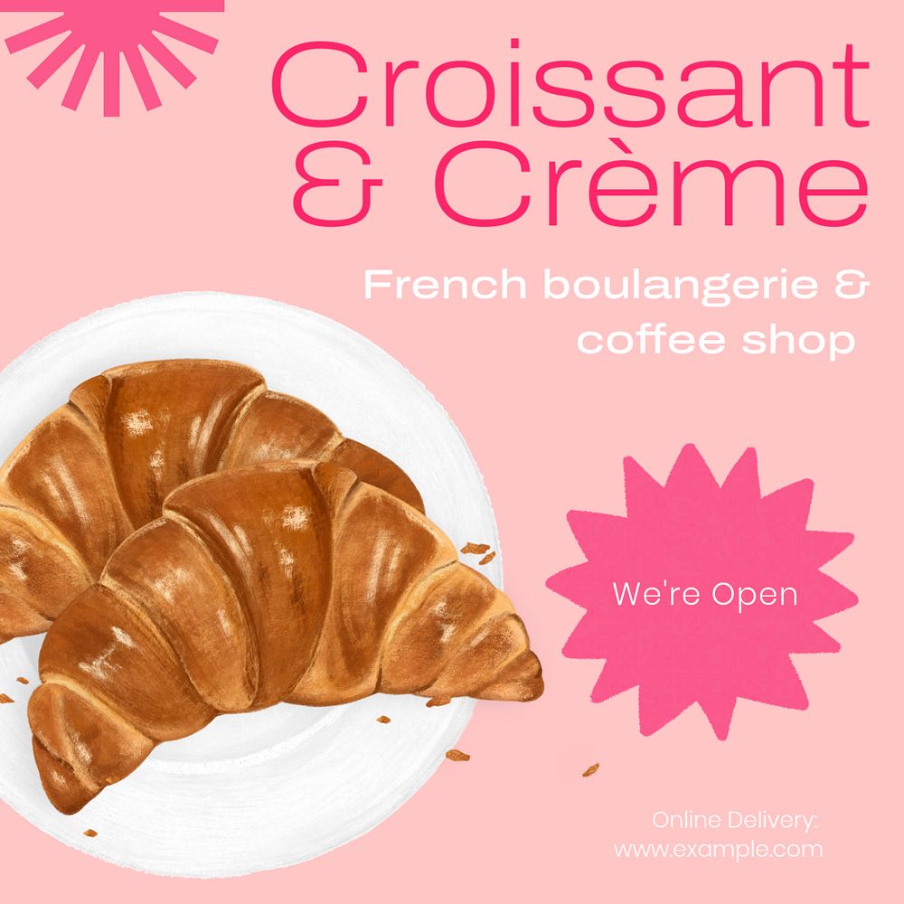 Croissant & bakery Instagram post template, editable text