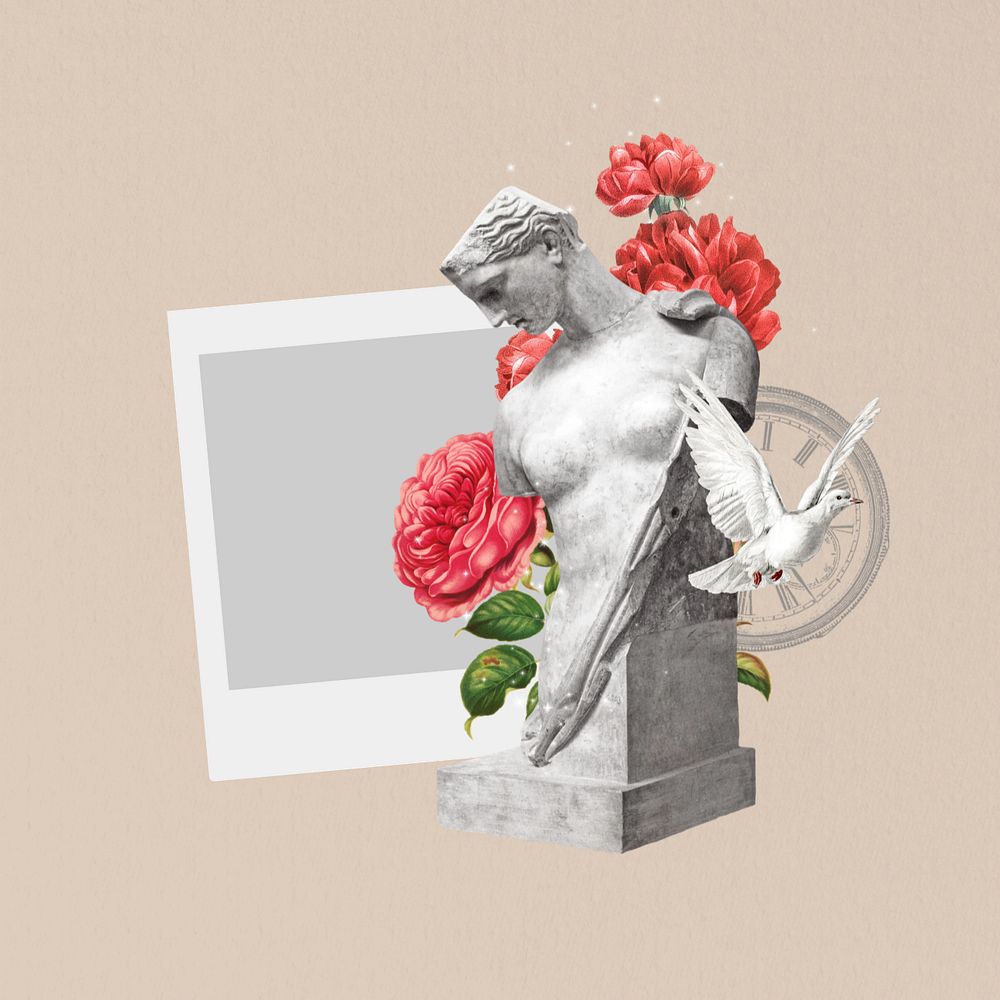 Greek Goddess statue, editable instant film frame & flower. Remixed by rawpixel.