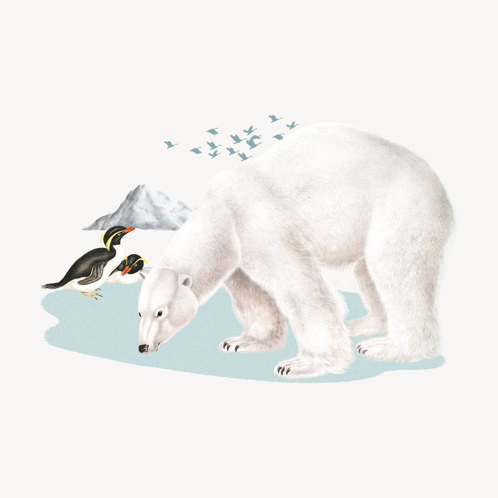 Polar bear and penguins, global warming editable collage art