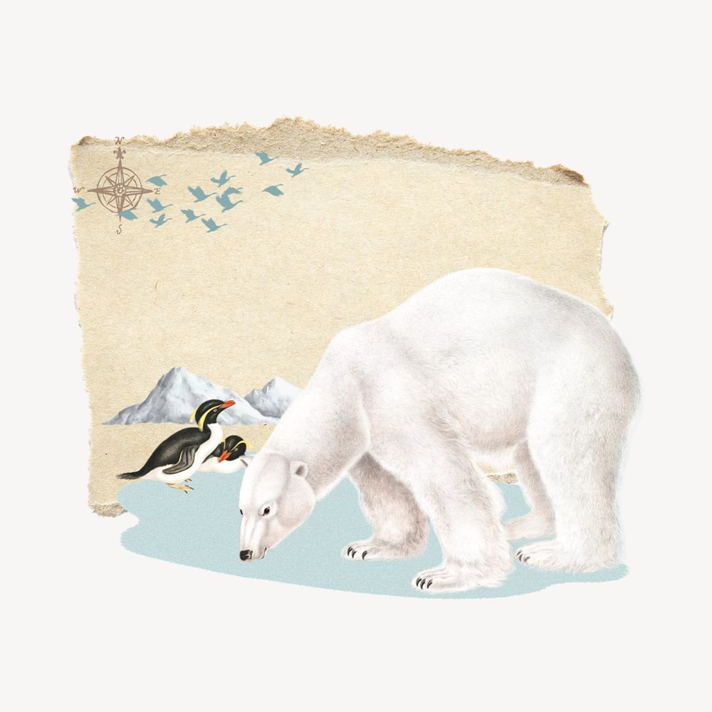 Polar bear and penguins, global warming editable collage art