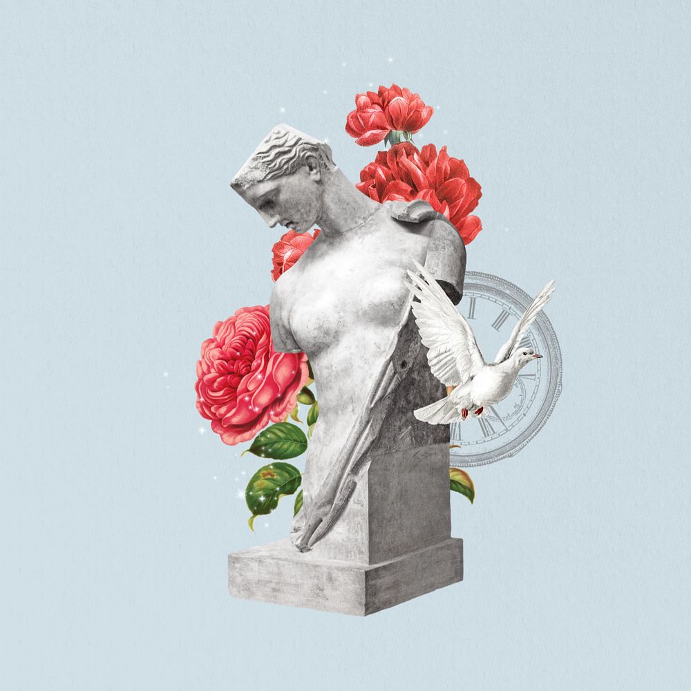 Greek Goddess statue, editable flower collage. Remixed by rawpixel.