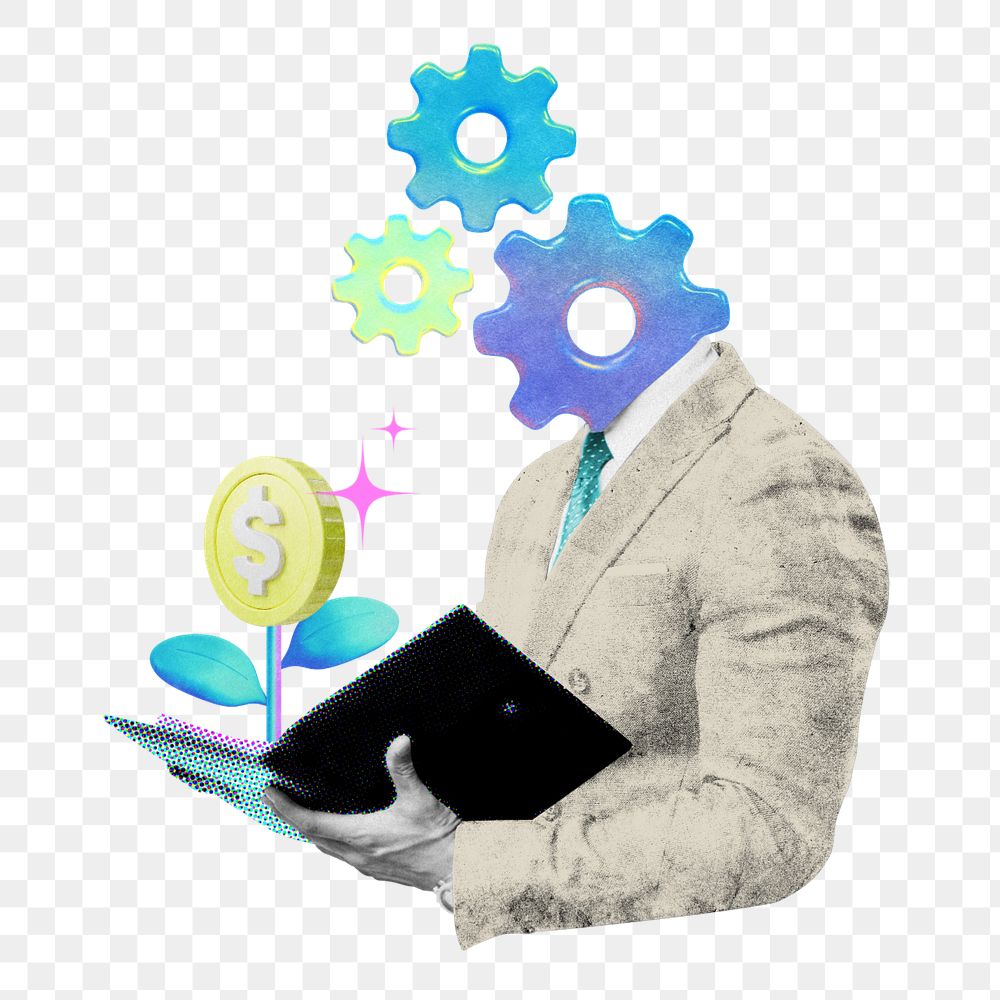 Cogwheel-head businessman png element, gradient collage remix design