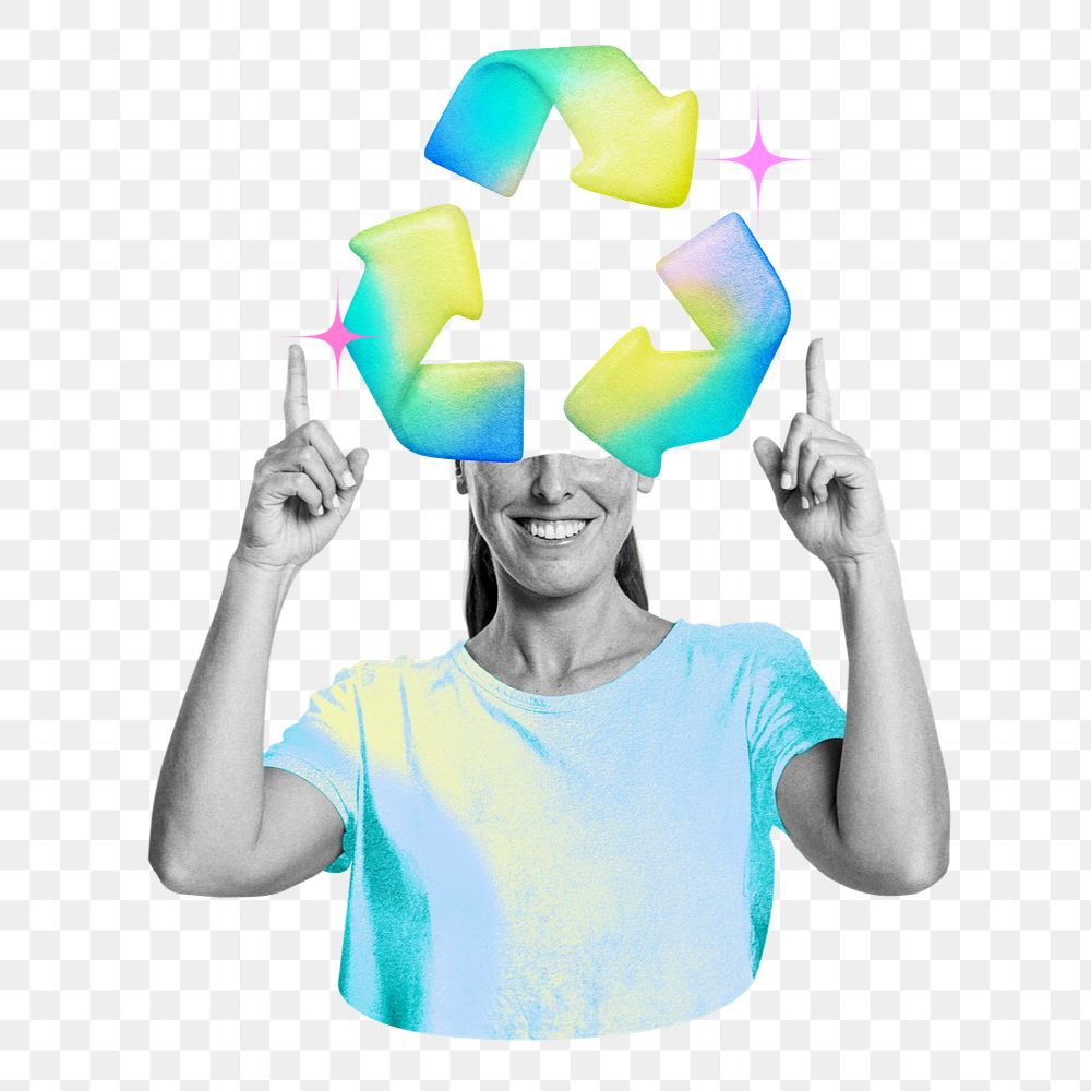 Environmentalist png element, editable recycle-head woman collage remix