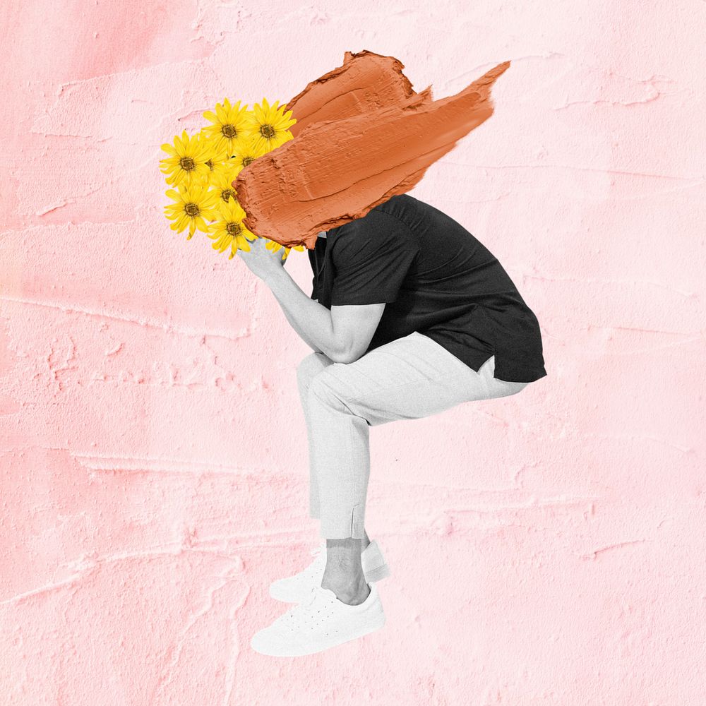 Floral head man, surreal mental health remix, editable design