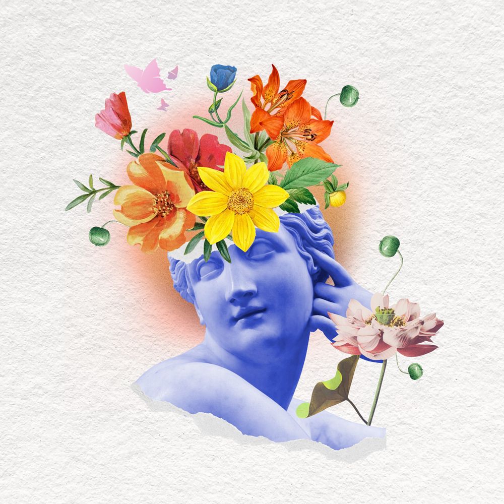 Floral head statue, surreal mental health remix, editable design