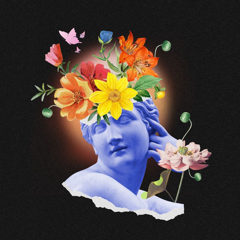 Floral head statue, surreal mental health remix, editable design