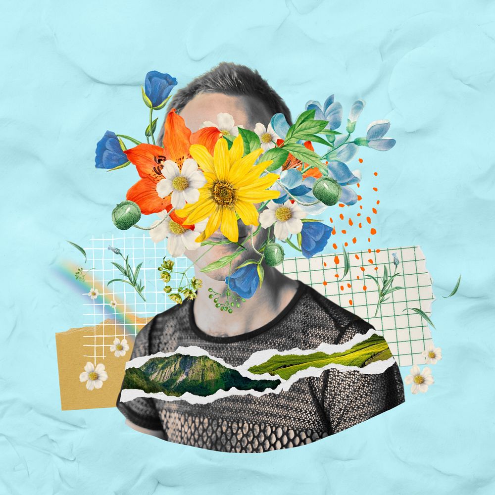 Floral head man, surreal mental health remix, editable design