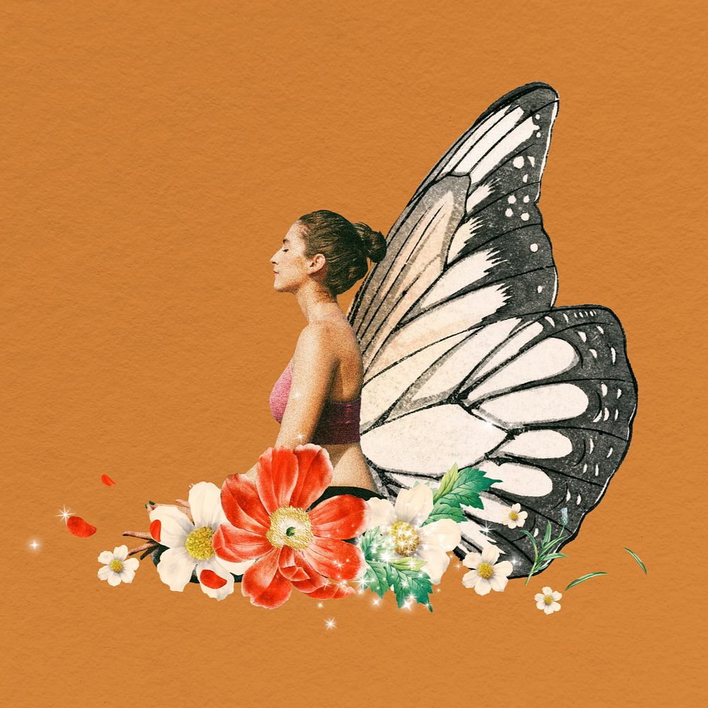 Surreal butterfly-winged woman, aesthetic floral remix, editable design