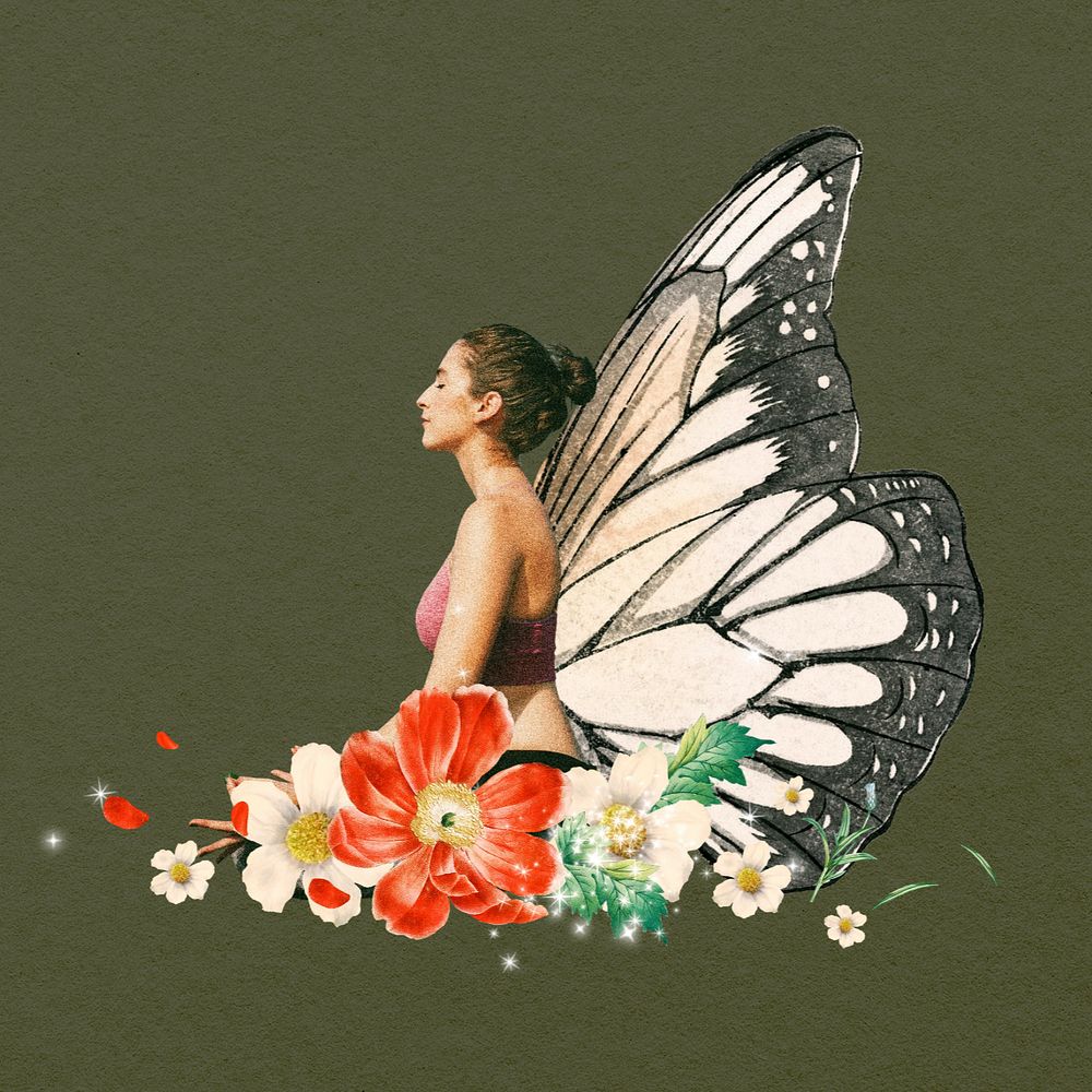 Surreal butterfly-winged woman, aesthetic floral remix, editable design