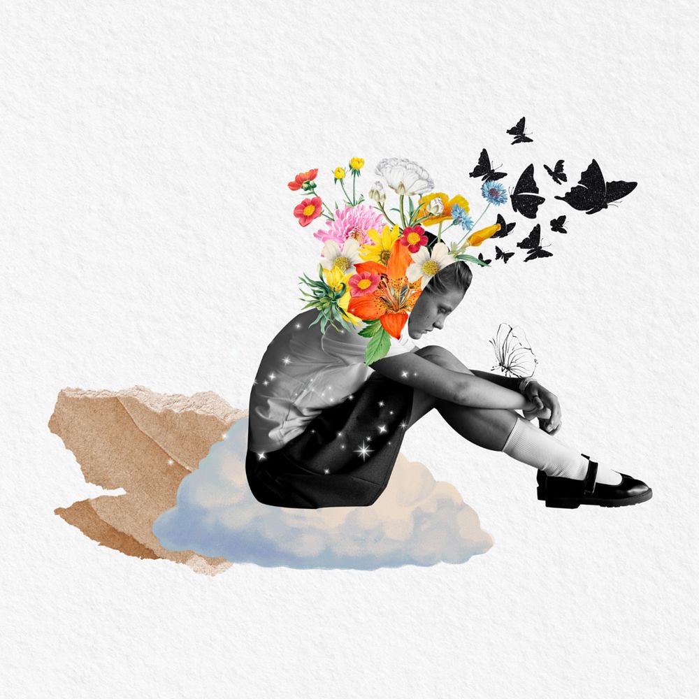 Student's mental health, surreal collage art, editable design