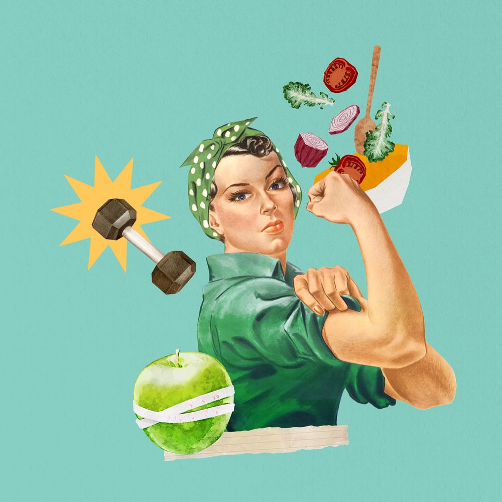 Flexing woman, healthy diet & wellness editable collage. Remixed by rawpixel.