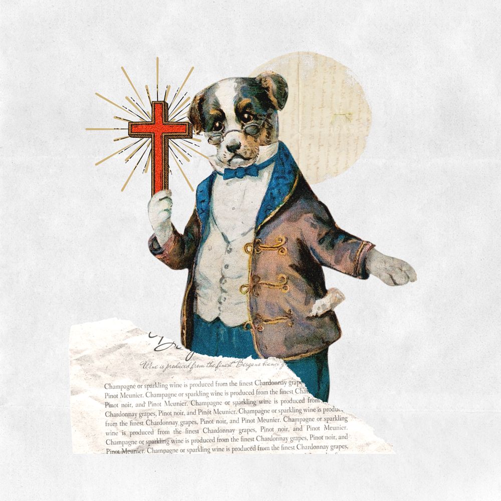 Dog holding Christian cross, religion editable collage art. Remixed by rawpixel.