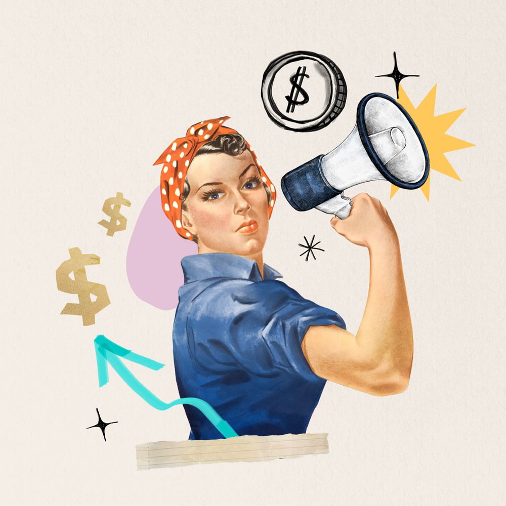 Investor finding, woman holding megaphone, editable finance. Remixed by rawpixel.