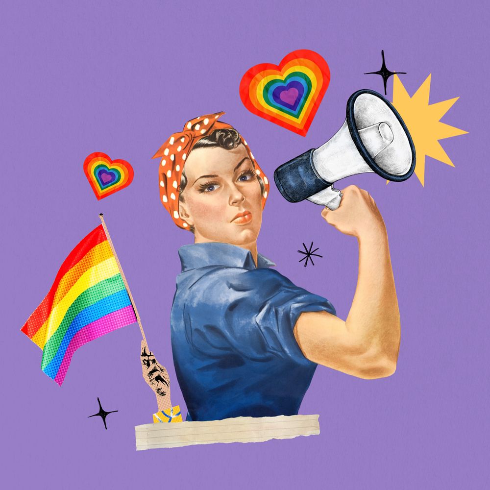 LGBT woman activist editable holding pride flag. Remixed by rawpixel.