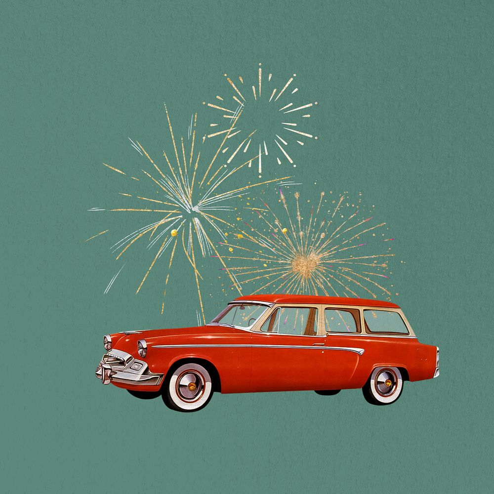 Classic car & fireworks, editable celebration remix