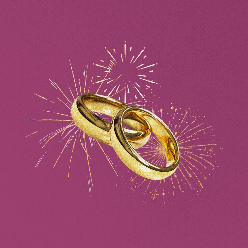 Gold wedding rings, fireworks, editable celebration collage