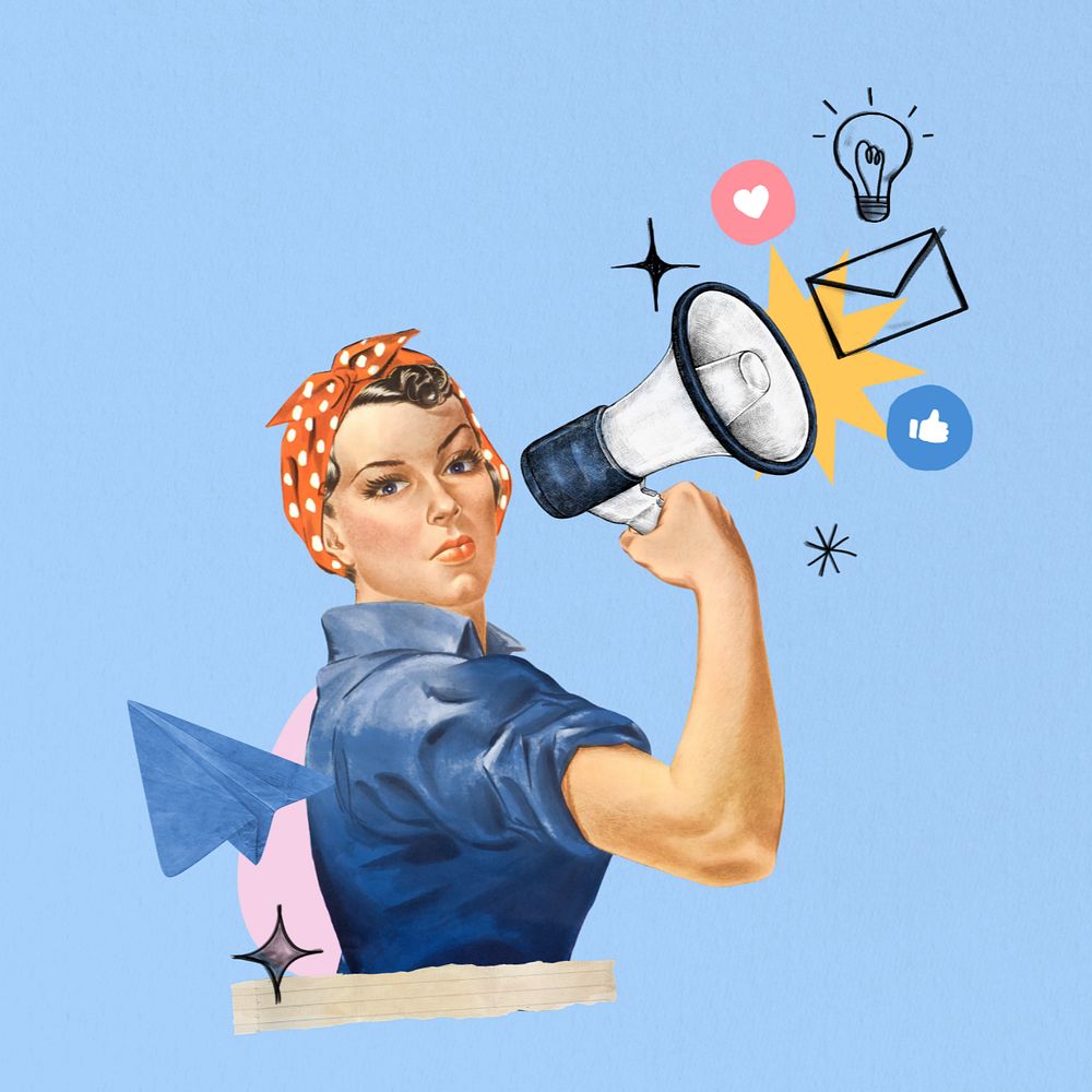 Woman holding megaphone, editable social media vintage collage. Remixed by rawpixel.