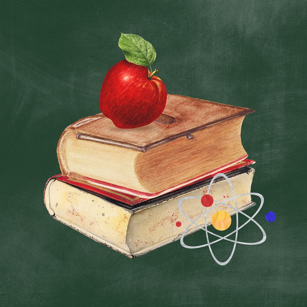 Science education, editable apple on stacked books collage. Remixed by rawpixel.