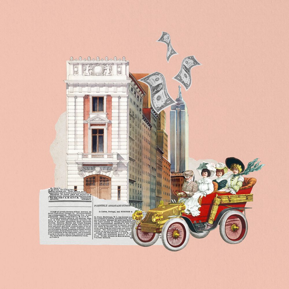 Victorian women driving, editable vintage building collage. Remixed by rawpixel.