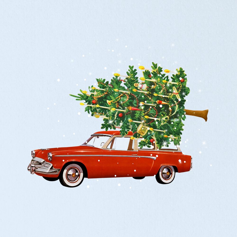 Car carrying Christmas tree editable collage art. Remixed by rawpixel.