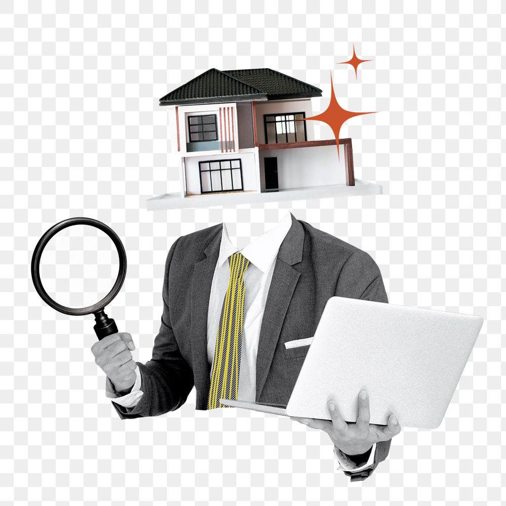 Real estate agent png sticker, house head businessman, editable design